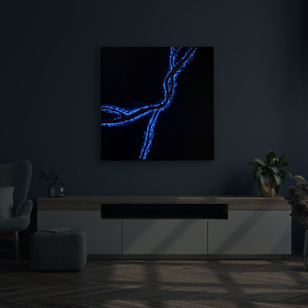"Long is the way" toile abstraite contemporaine bleue noire et dorée décor