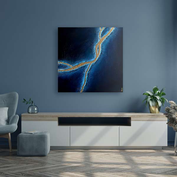 "Long is the way" toile abstraite contemporaine bleue noire et dorée décor nuit