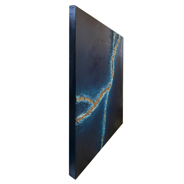 "Long is the way" toile abstraite contemporaine bleue noire et dorée