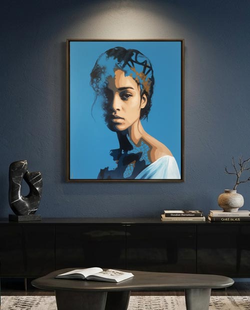 Tania, portrait contemporain dispartition bleu et doré