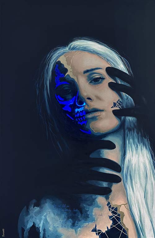 Ophelia portrait sombre kintsugi femme moderne par Nonoss, effet crane uv lumière noire