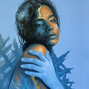 Eurydice, portrait contemporain kintsugi bleu avec main
