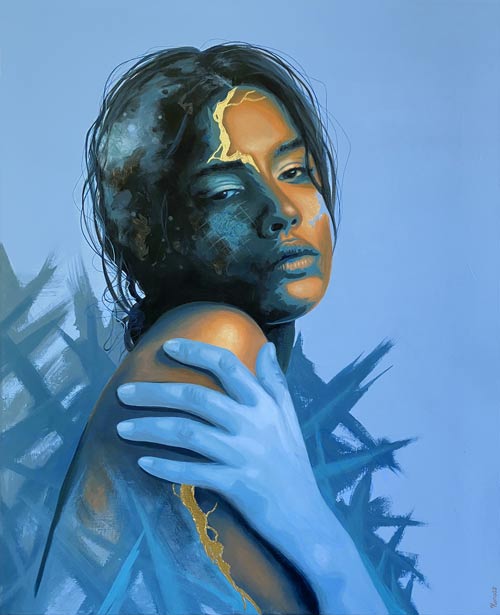 Eurydice, portrait contemporain kintsugi bleu avec main