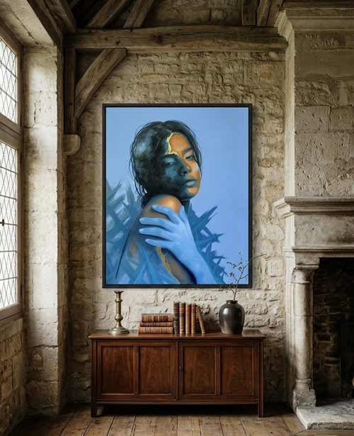 Eurydice, portrait contemporain kintsugi bleu avec main, décor