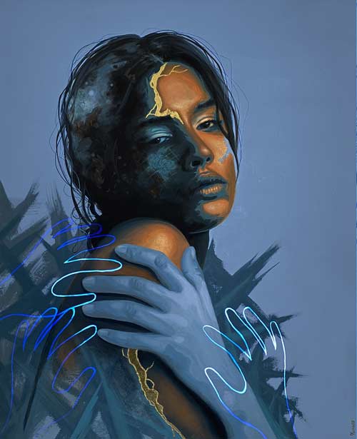 Eurydice, portrait contemporain kintsugi bleu avec main, effet UV lumière noire