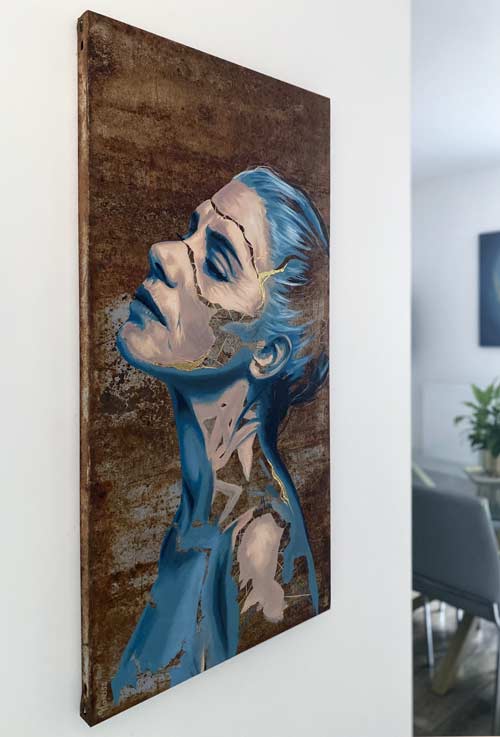 Doriane portrait contemporain femme agée kintsugi sur acier rouillé - décoration - par Morgane Parmentier (Nonoss)