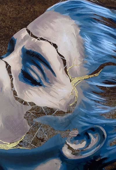 Doriane portrait contemporain femme agée kintsugi sur acier rouillé - détails peinture